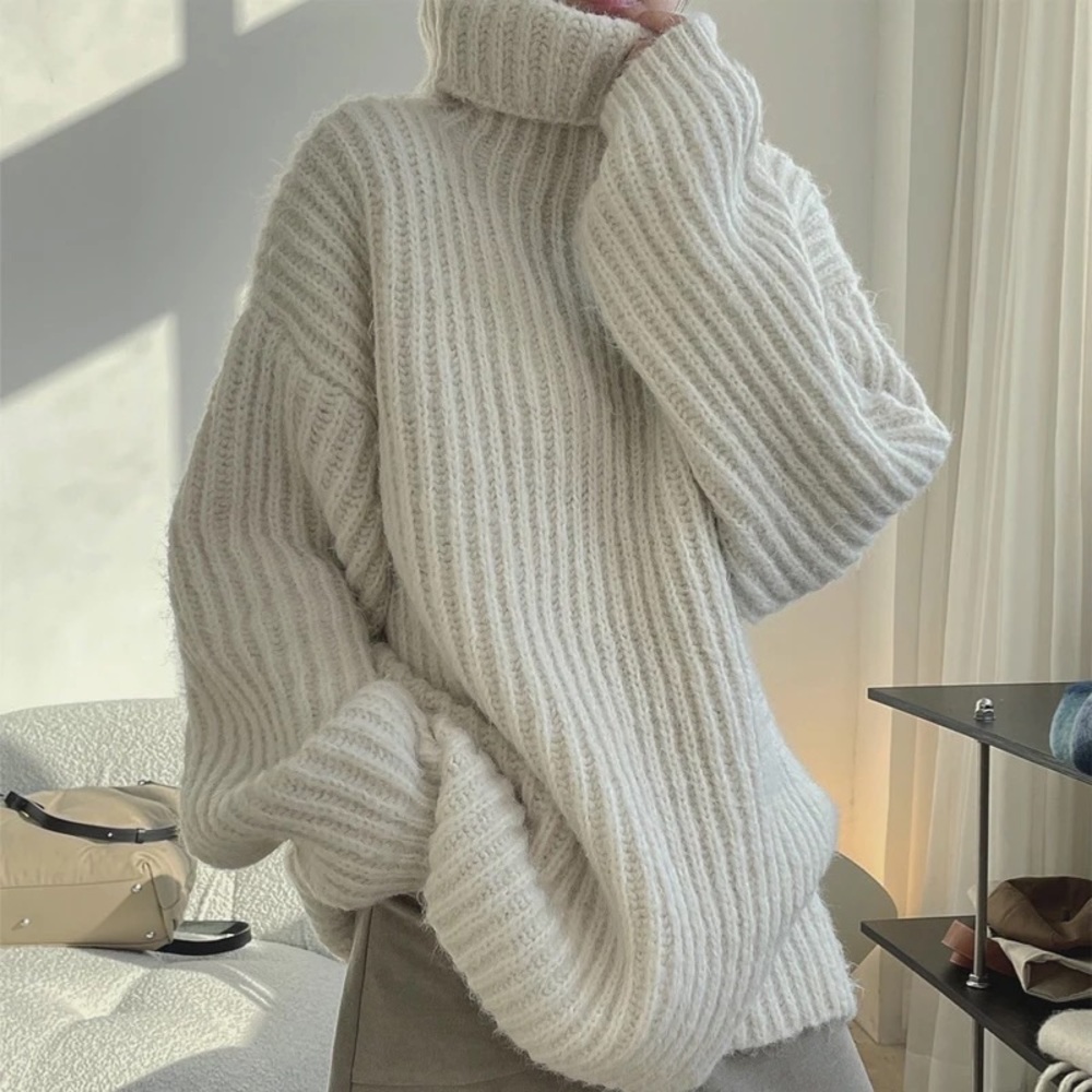 GORGEOUS Chunky Oversized Cozy Warm Blue Turtleneck Rib Fuzz Thick Heavy Sweater - Picture 7 of 8